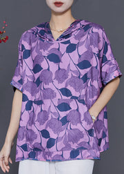 Purple Print Silk Blouse Shirt Top Hooded Summer