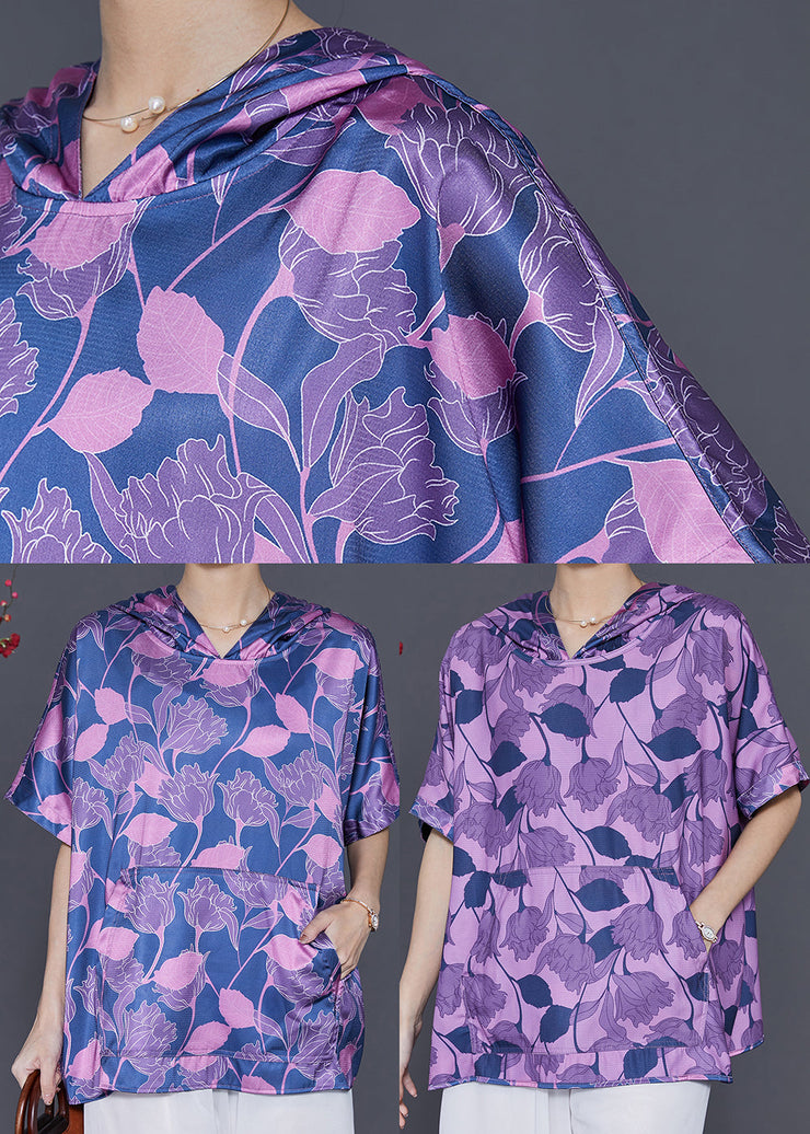 Purple Print Silk Blouse Shirt Top Hooded Summer