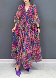 Purple Print Wrinkled Chiffon Long Dresses Half Sleeve