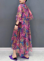 Purple Print Wrinkled Chiffon Long Dresses Half Sleeve