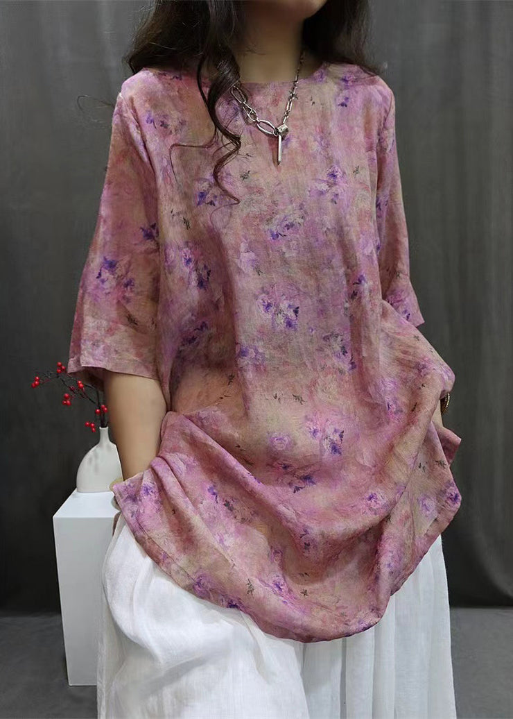 Purple Side Open Linen Blouse O-Neck Summer