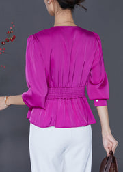 Purple Silm Fir Silk Blouses V Neck Asymmetrical Design Fall