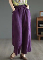 Purple Solid Cotton Straight Pants High Waist Summer