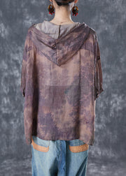 Purple Tie Dye Linen Shirt Top Hooded Oversized Bracelet Sleeve