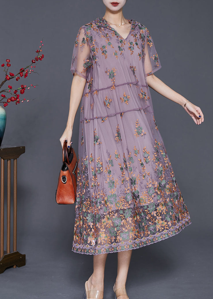 Purple Tulle Long Dress Hooded Embroideried Summer