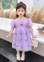 Purple Wrinkled Bow Tulle Kids Vacation Maxi Dresses Summer