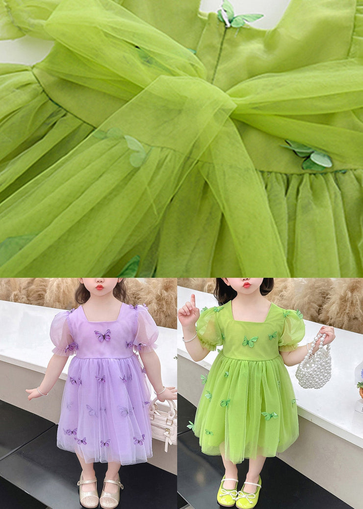 Purple Wrinkled Bow Tulle Kids Vacation Maxi Dresses Summer