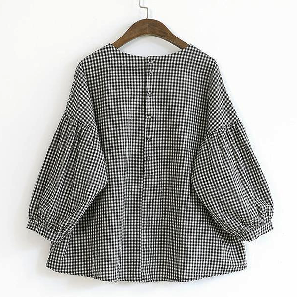 French  Purple Plaid Cotton Women Fine Sewing Asymmetric Plus Size Clothing Blouse