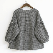 French  Blue Plaid Cotton Women Fine Sewing Asymmetric Plus Size Clothing Blouse