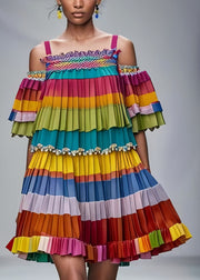 Rainbow Striped Chiffon Pleated Dresses Cold Shoulder Summer