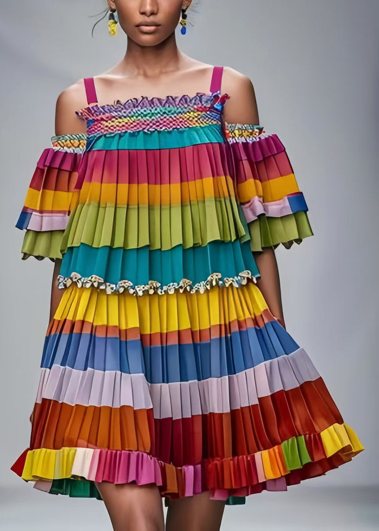 Rainbow Striped Chiffon Pleated Dresses Cold Shoulder Summer