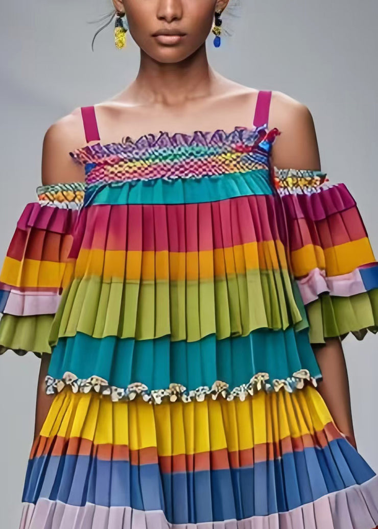 Rainbow Striped Chiffon Pleated Dresses Cold Shoulder Summer