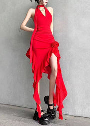 Red Asymmetrical Cotton Mid Dress V Neck Summer