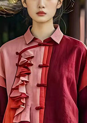 Red Asymmetrical Design Linen Shirts Ruffled Summer