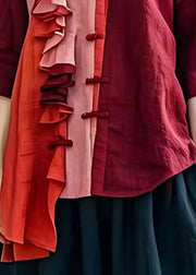 Red Asymmetrical Design Linen Shirts Ruffled Summer