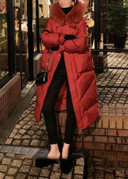 Red Bow Duck Down Puffer Coats Rabbit Hair Collar Pockets Winter