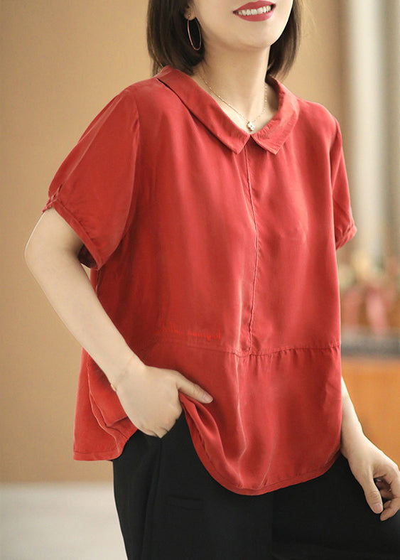 Red Button Cotton T Shirt Peter Pan Collar Short Sleeve