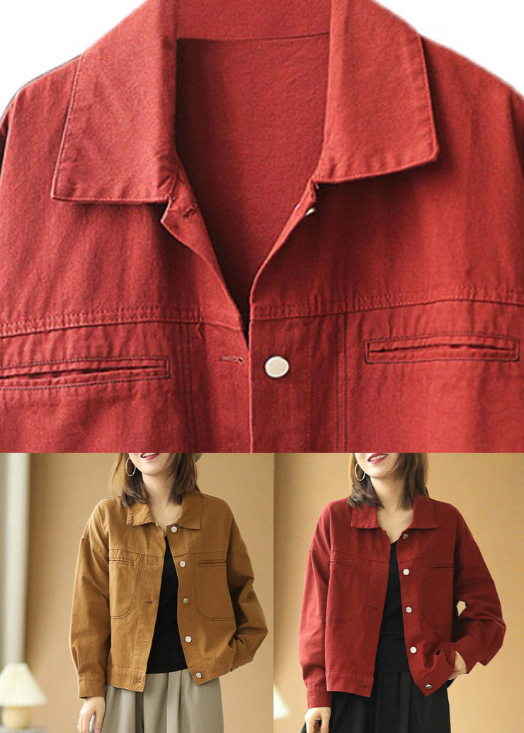 Red Button Cozy Cotton Denim Coats Long Sleeve