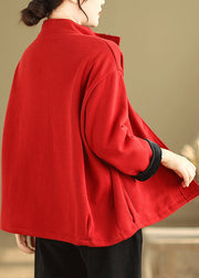 Red Button Loose Warm Fleece Coat Stand Collar Long Sleeve