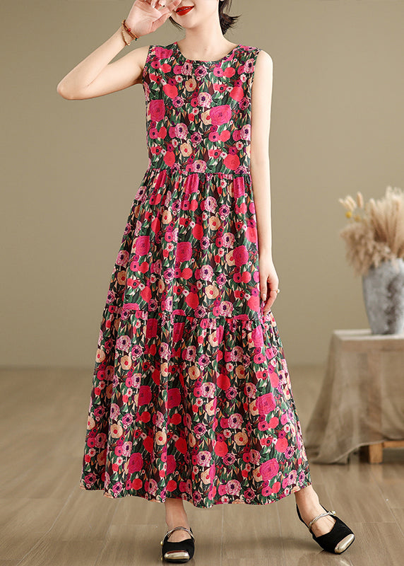 Red Button Patchwork Cotton Long Dress O Neck Summer