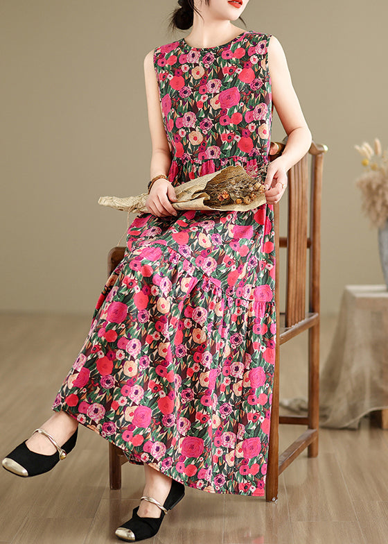 Red Button Patchwork Cotton Long Dress O Neck Summer