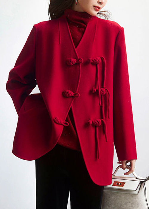 Red Button Patchwork Wool Coat V Neck Long Sleeve