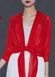 Red Chiffon Cardigans Embroidered Zircon Summer