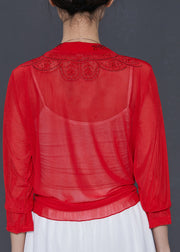 Red Chiffon Cardigans Embroidered Zircon Summer