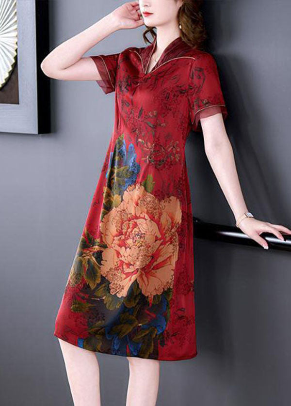 Red Chinese Style Silk Long Dresses Print Side Open Summer