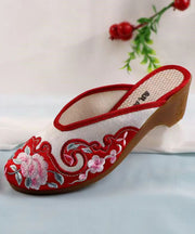 Red Chunky Cotton Fabric Boho Embroidery Slide Sandals