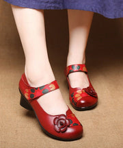 Red Chunky Heel Cowhide Leather Fitted Splicing Floral