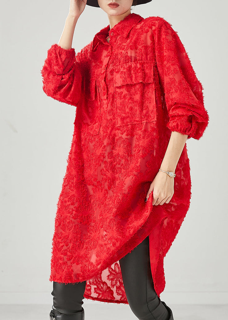 Red Cotton Shirt Dresses Oversized Pockets Spring