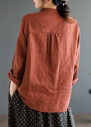 Red Cotton Shirt Stand Collar Ruffled Wrinkled Spring