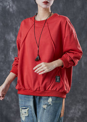 Red Cotton Sweatshirts Top Oversized Wrinkled Spring