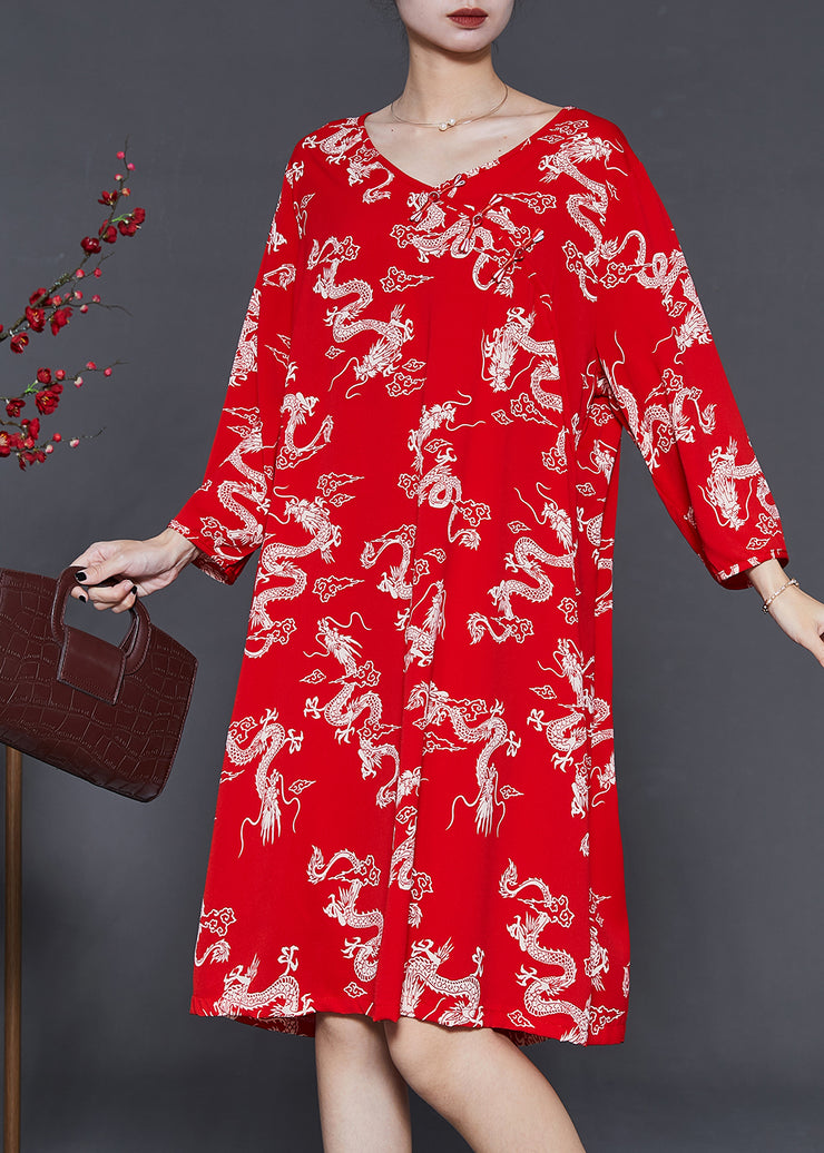 Red Dragon Print Cotton Dresses Chinese Button Summer