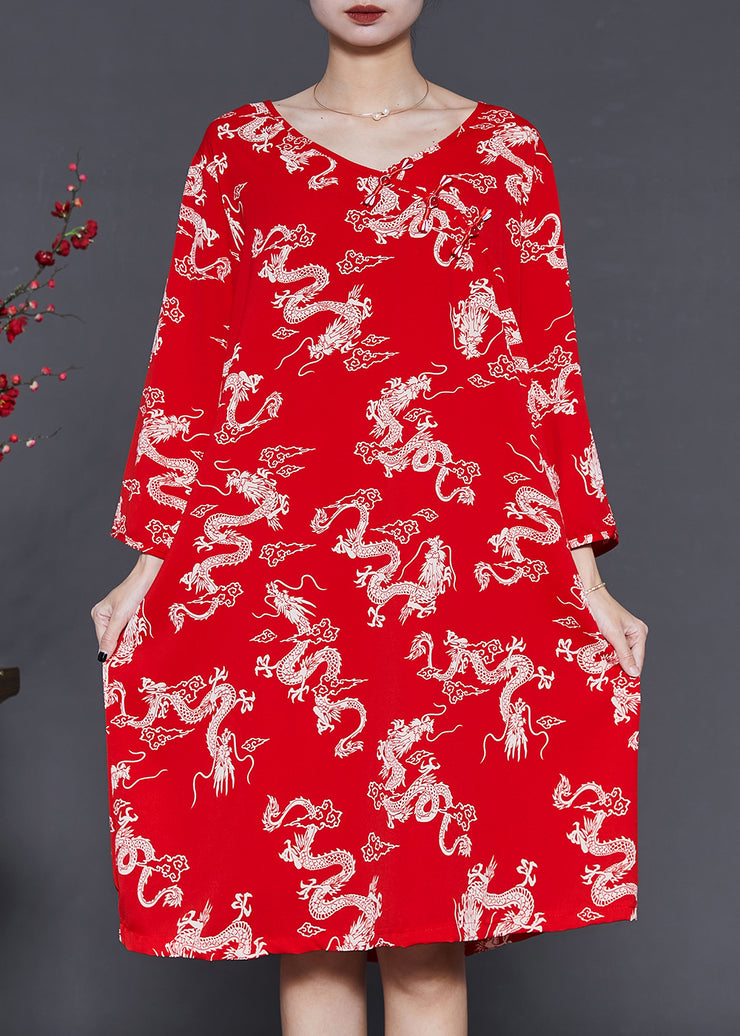 Red Dragon Print Cotton Dresses Chinese Button Summer