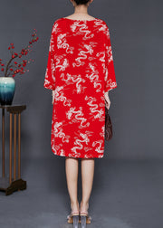 Red Dragon Print Cotton Dresses Chinese Button Summer