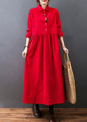 Red Drawstring Button Corduroy Holiday Long Dress Long Sleeve