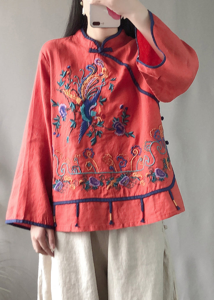 Red Embroideried Floral Button Linen Top Long Sleeve