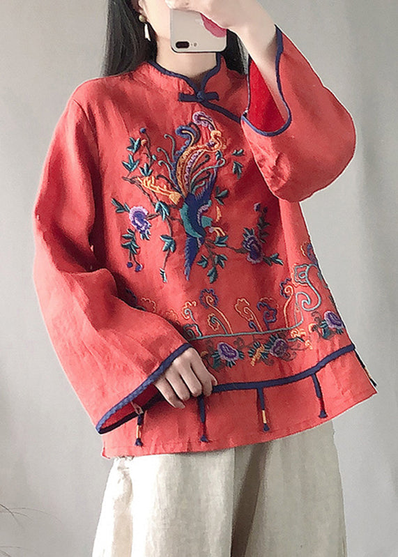 Red Embroideried Floral Button Linen Top Long Sleeve