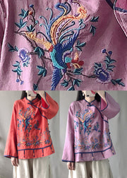 Red Embroideried Floral Button Linen Top Long Sleeve