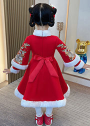 Red Embroideried Fur Collar Thick Kids Maxi Dresses Long Sleeve