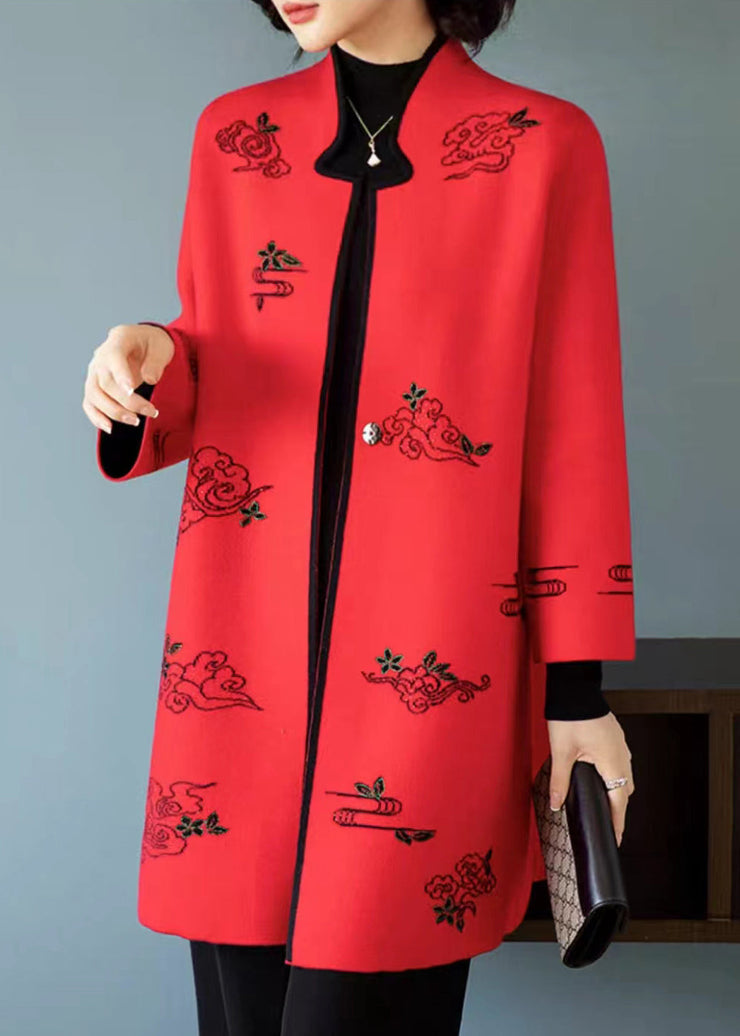 Red Embroideried Stand Collar Patchwork Wool Coats Stand Collar Long Sleeve