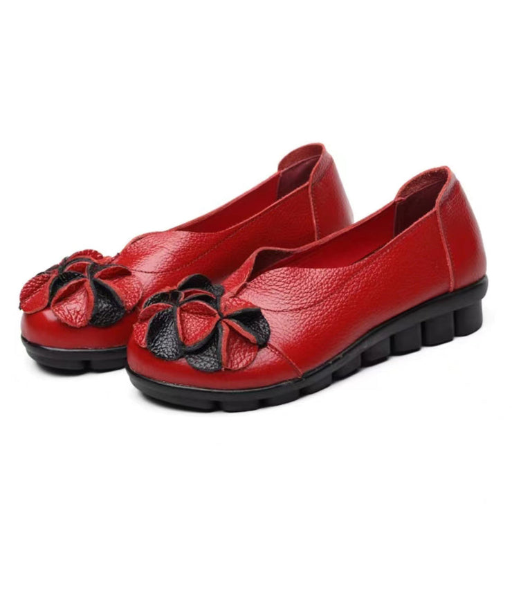 Red Flat Feet Shoes Cowhide Leather Vintage Splicing