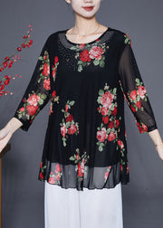 Red Floral Print Chiffon Blouse Tops O-Neck Zircon Summer