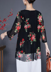 Red Floral Print Chiffon Blouse Tops O-Neck Zircon Summer