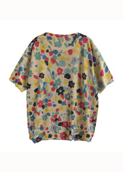 Red Floral Print Patchwork Cotton T Shirt Top O Neck Summer