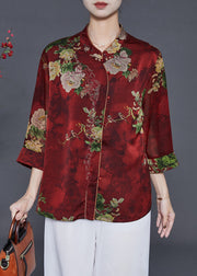 Red Floral Print Silk Shirts Mandarin Collar Summer