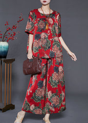 Red Floral Print Silk Two Pieces Set Oversized Summer