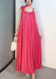 Red Floral Silk Spaghetti Strap Long Dress Cold Shoulder Summer